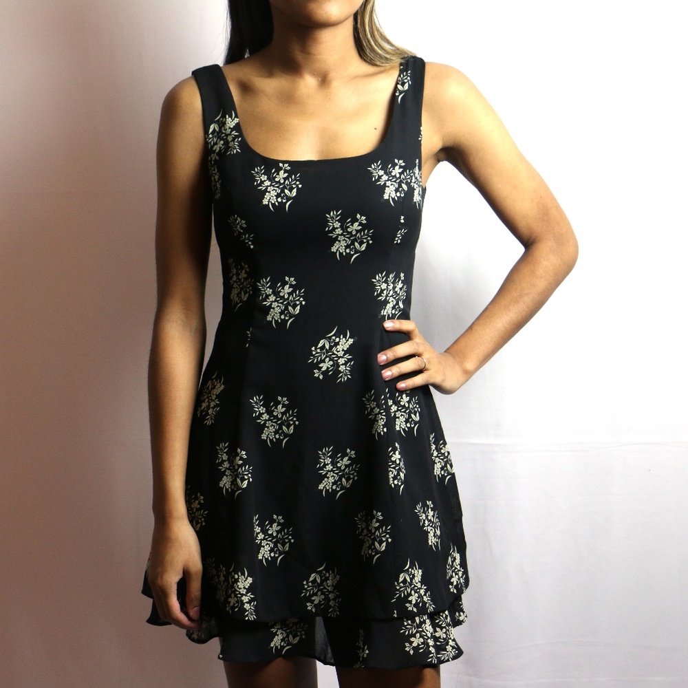 Vintage Black Mini Dress w/ White Floral Pattern